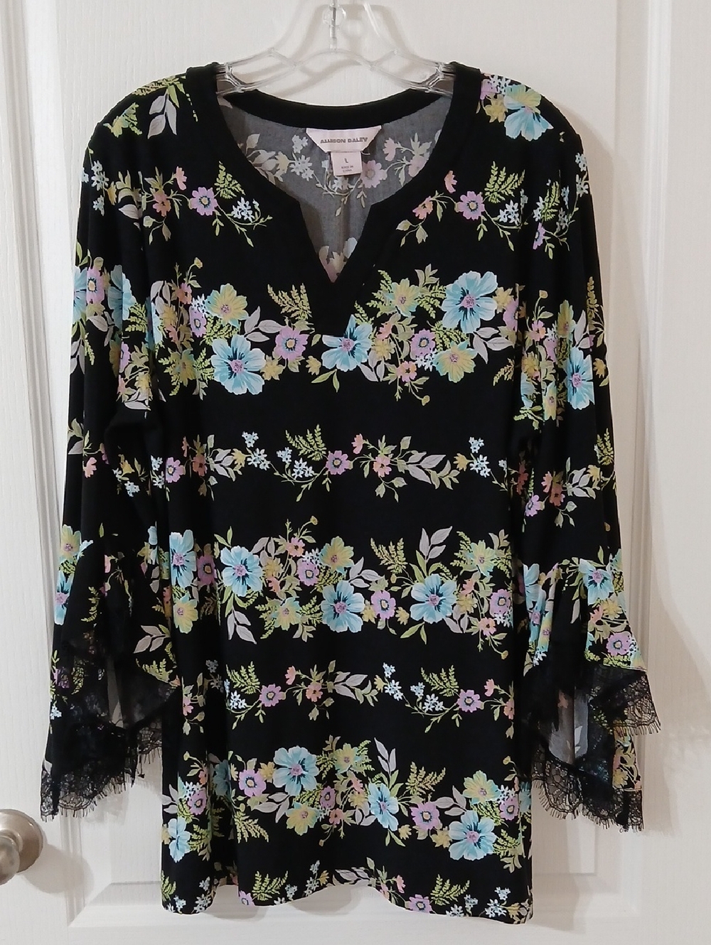 Allison Daley Black Floral Lace-Trim Tunic